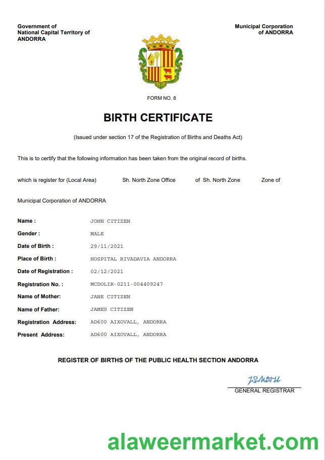 Andorra vital record birth certificate Word and PDF template